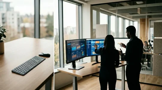 Professionnels analysant des données SEO sur plusieurs écrans avec graphiques et tableaux de bord