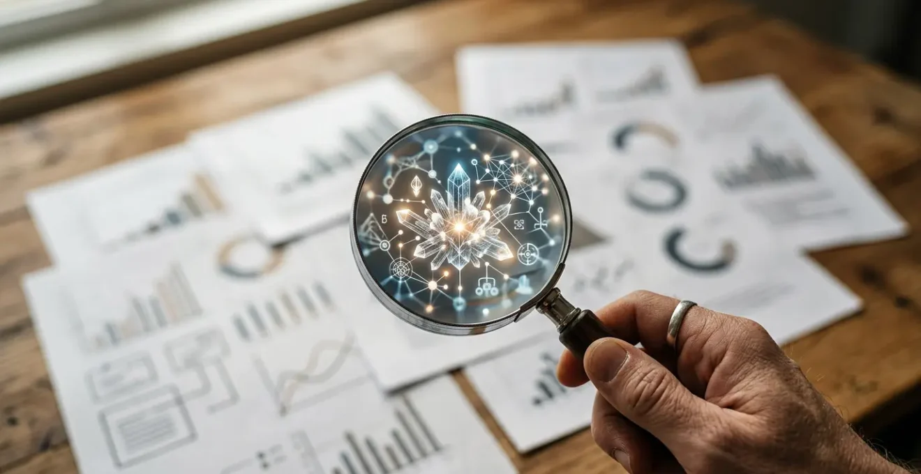 Vue macro d'une main analysant des graphiques de recherche SEO sur une tablette avec des documents comparatifs floutés en arrière-plan