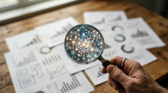 Vue macro d'une main analysant des graphiques de recherche SEO sur une tablette avec des documents comparatifs floutés en arrière-plan