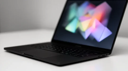 Vue macro d'un écran d'ordinateur portable montrant des analyses de site web avec des graphiques colorés flous en arrière-plan et une loupe posée sur le clavier