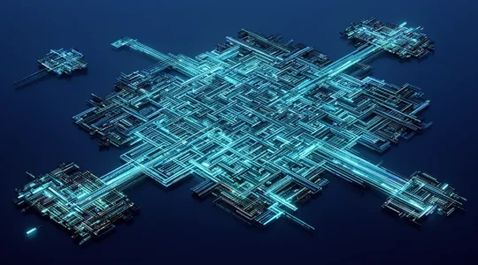 Vue aérienne d'un labyrinthe numérique complexe avec des zones déconnectées et des chemins lumineux