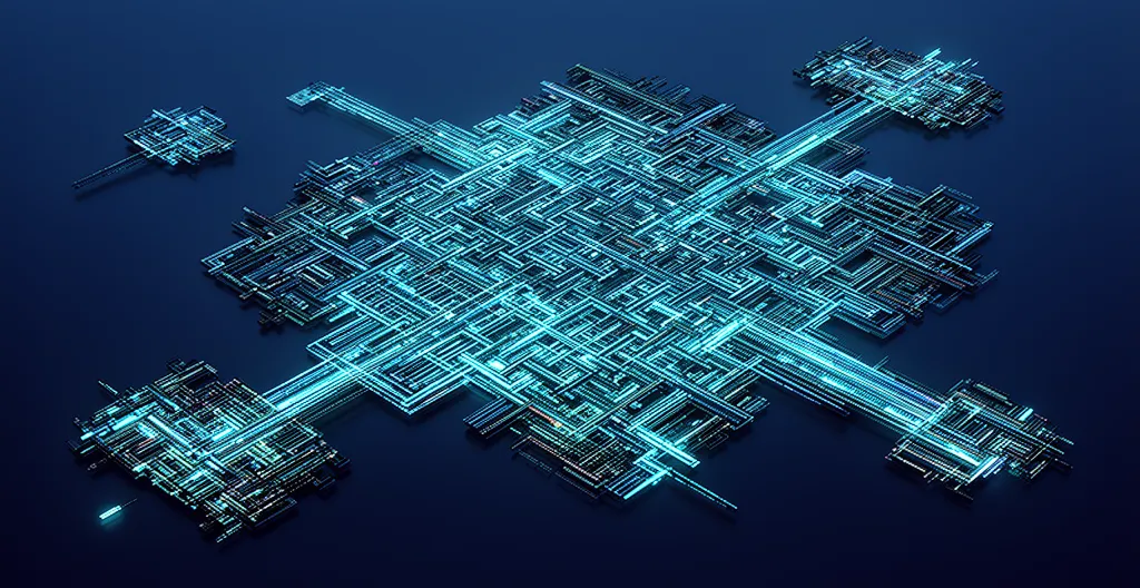 Vue aérienne d'un labyrinthe numérique complexe avec des zones déconnectées et des chemins lumineux
