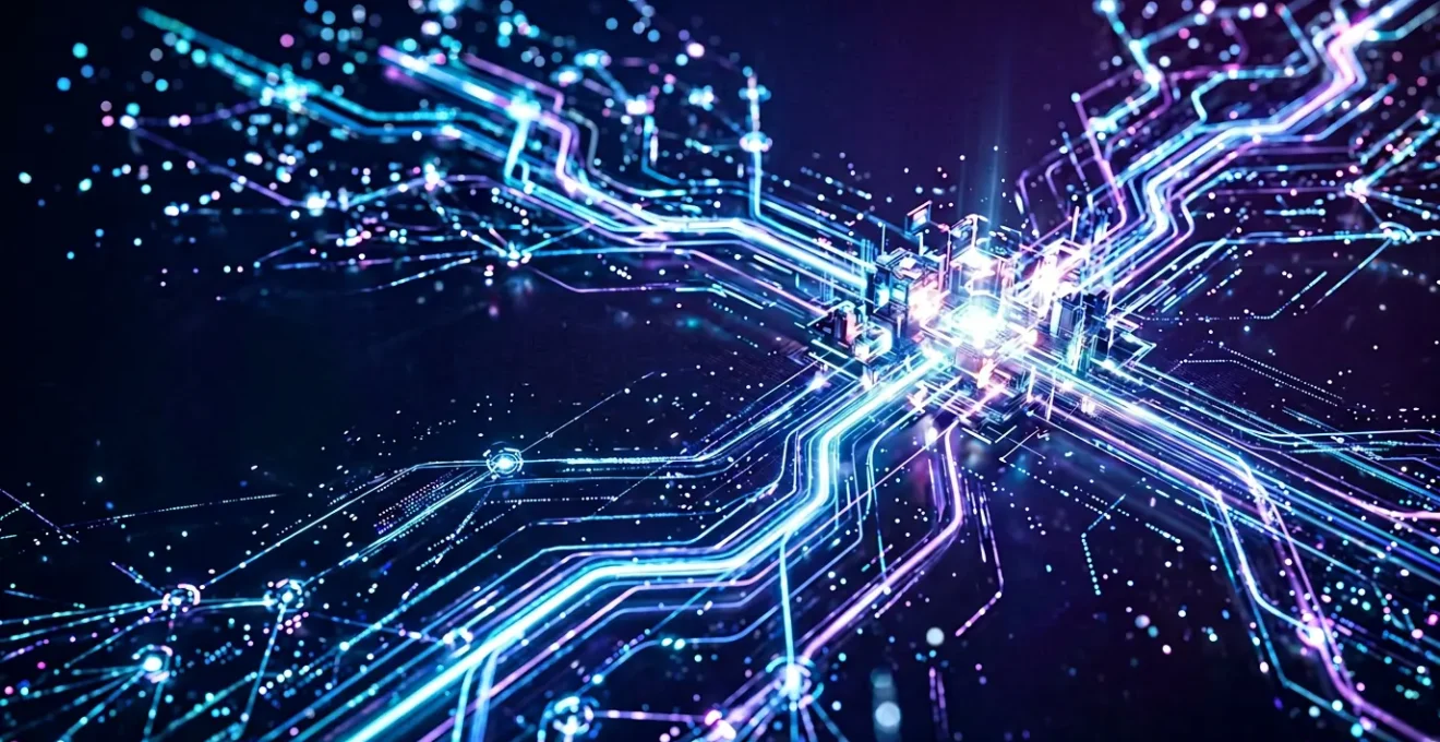 Illustration conceptuelle d'un réseau d'autorité numérique avec des connexions lumineuses symbolisant l'influence et les liens externes