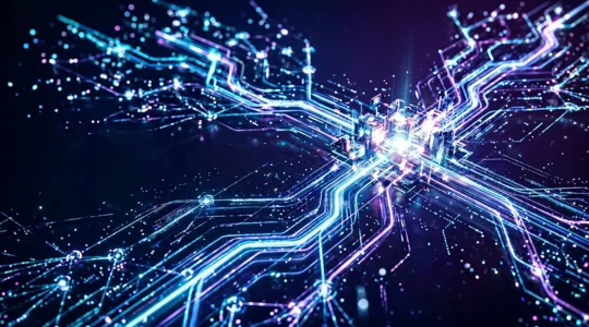 Illustration conceptuelle d'un réseau d'autorité numérique avec des connexions lumineuses symbolisant l'influence et les liens externes