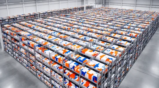 Vue aérienne d'un entrepôt moderne avec rayonnages organisés et flux logistique optimisé