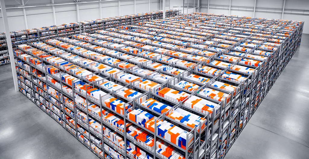 Vue aérienne d'un entrepôt moderne avec rayonnages organisés et flux logistique optimisé