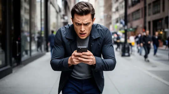 Personne en situation urbaine consultant son smartphone pour trouver une solution immédiate dans la rue