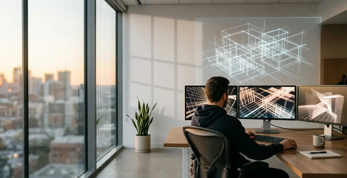 Bureau de développeur web avec écrans montrant du code structuré et propre, architecture de site en arrière-plan