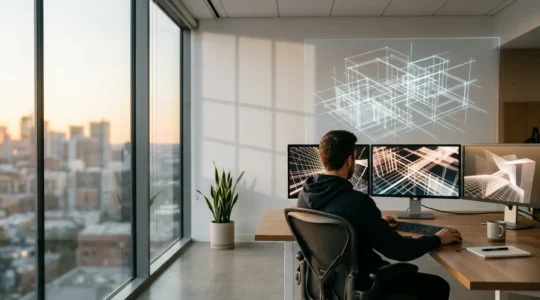 Bureau de développeur web avec écrans montrant du code structuré et propre, architecture de site en arrière-plan