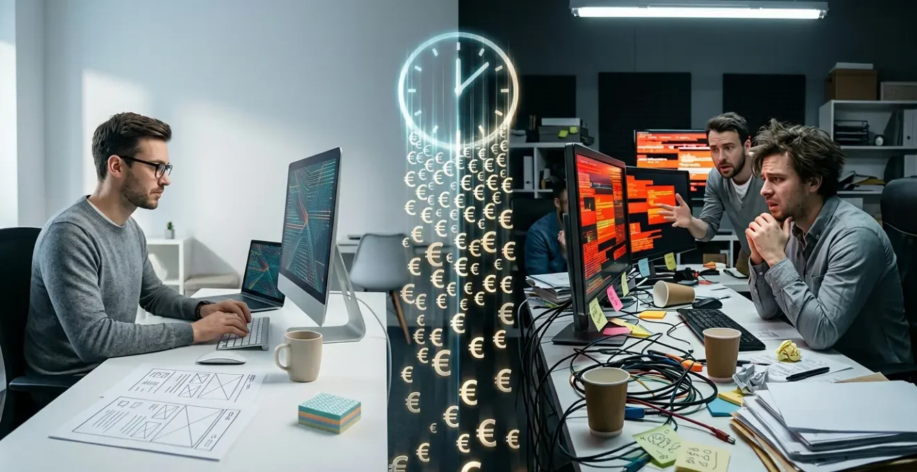 Comparaison visuelle entre développement initial et correction post-lancement, illustrant les coûts techniques multiplicateurs