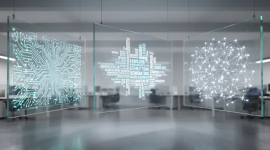 Analyse SEO sur trois écrans montrant graphiques techniques, nuages de mots et réseaux de liens