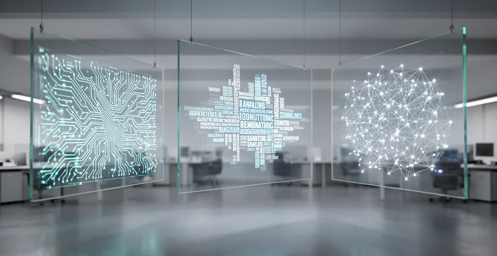 Analyse SEO sur trois écrans montrant graphiques techniques, nuages de mots et réseaux de liens