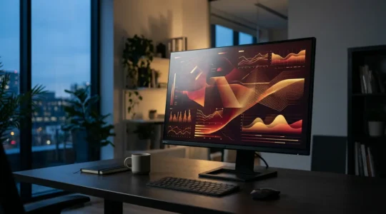 Écran d'ordinateur affichant des graphiques de Search Console avec des indicateurs d'alerte