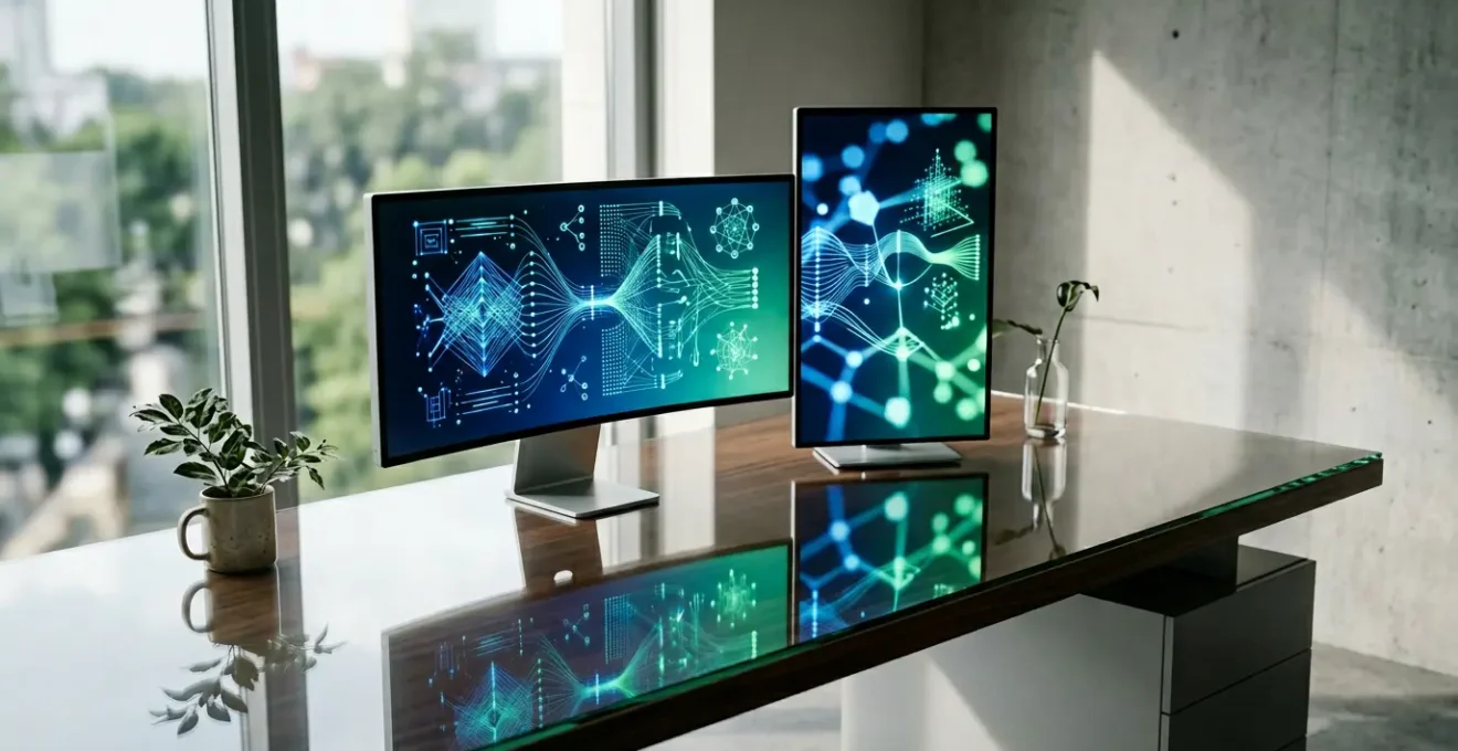 Bureau moderne avec écrans affichant des graphiques colorés et tableaux de bord interactifs