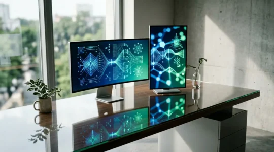 Bureau moderne avec écrans affichant des graphiques colorés et tableaux de bord interactifs