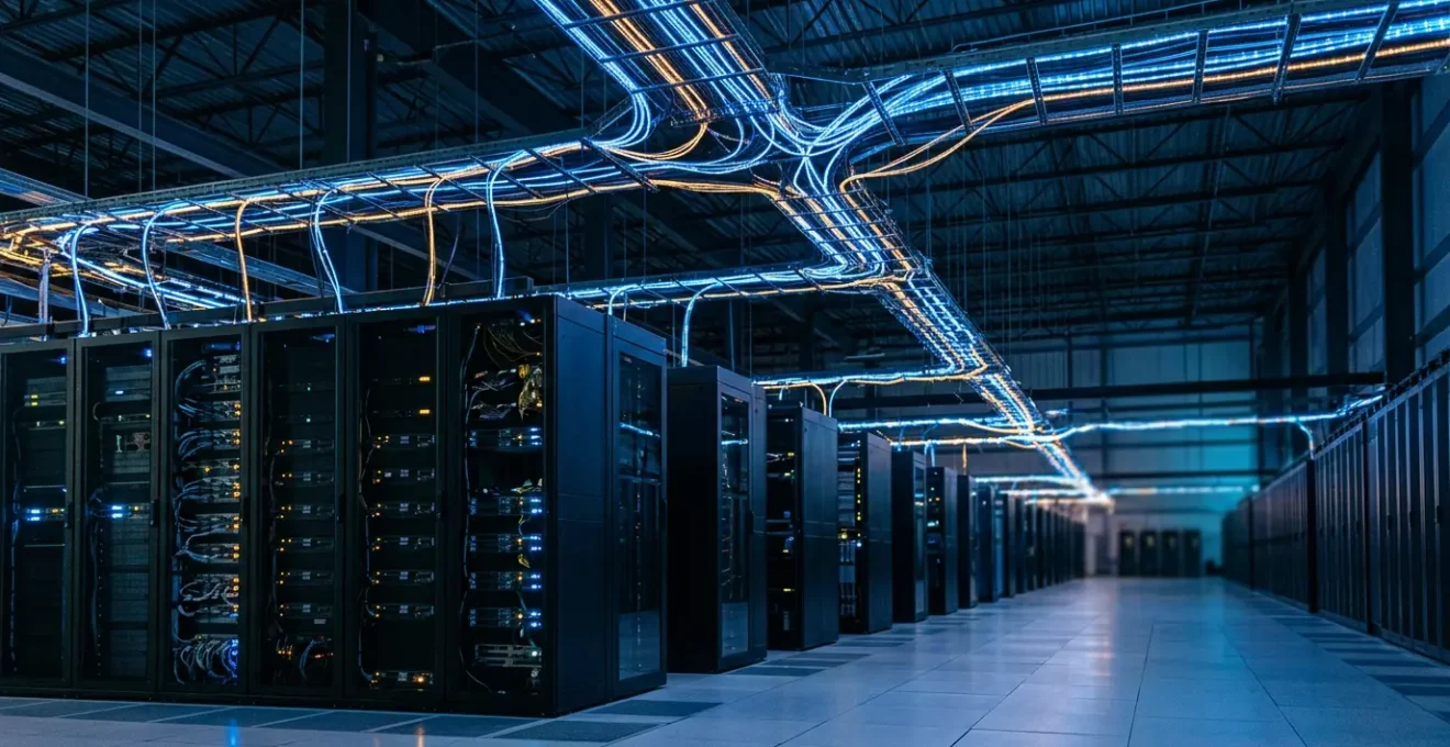 Infrastructure réseau avec points lumineux représentant l'exploration de Googlebot sur un serveur