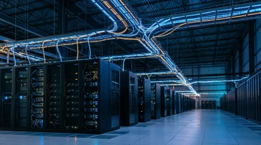 Infrastructure réseau avec points lumineux représentant l'exploration de Googlebot sur un serveur