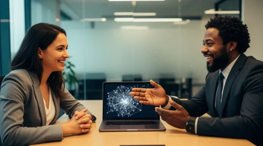 Professionnels discutant autour d'une table avec ordinateurs portables et graphiques de connexions réseau