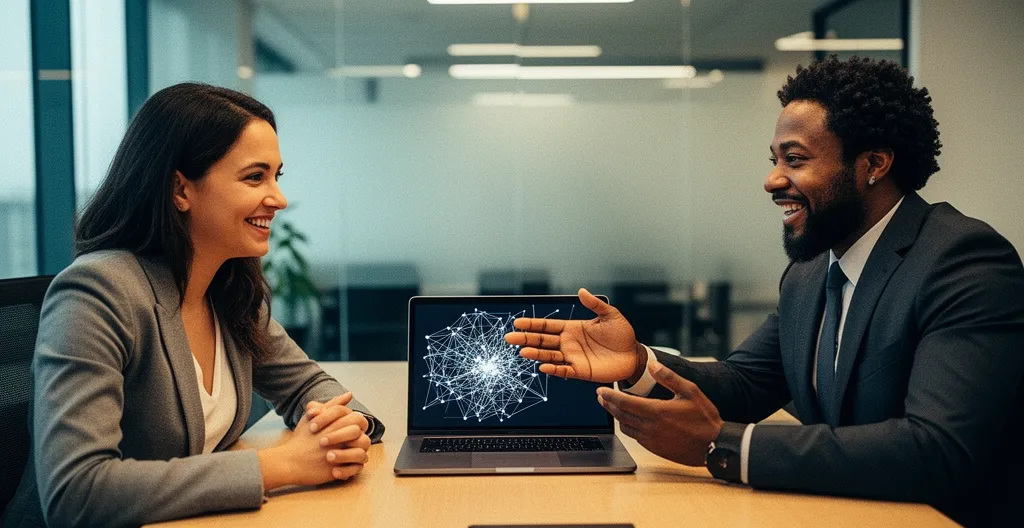 Professionnels discutant autour d'une table avec ordinateurs portables et graphiques de connexions réseau