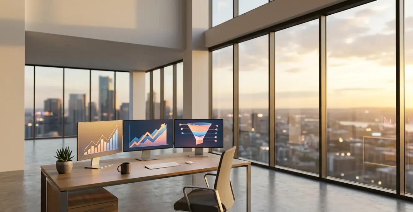 Bureau moderne avec écrans montrant des graphiques de conversion et un entonnoir de vente stylisé