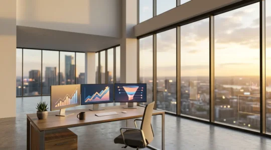 Bureau moderne avec écrans montrant des graphiques de conversion et un entonnoir de vente stylisé