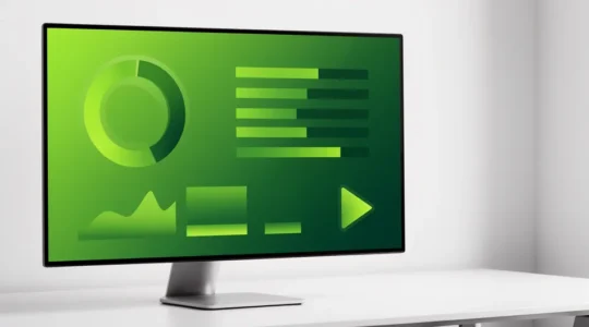 Écran d'ordinateur moderne affichant une interface web épurée avec des indicateurs de performance et des barres de progression vertes, dans un environnement de bureau minimaliste