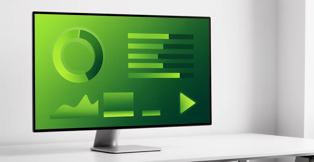 Écran d'ordinateur moderne affichant une interface web épurée avec des indicateurs de performance et des barres de progression vertes, dans un environnement de bureau minimaliste