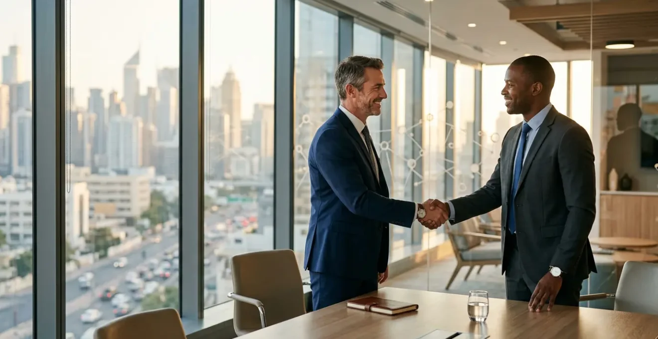 Deux professionnels scellant un accord de partenariat digital dans un bureau moderne