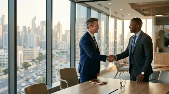 Deux professionnels scellant un accord de partenariat digital dans un bureau moderne