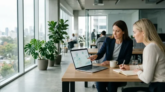 Professionnels du marketing digital analysant des partenariats de blogs dans un environnement de travail collaboratif