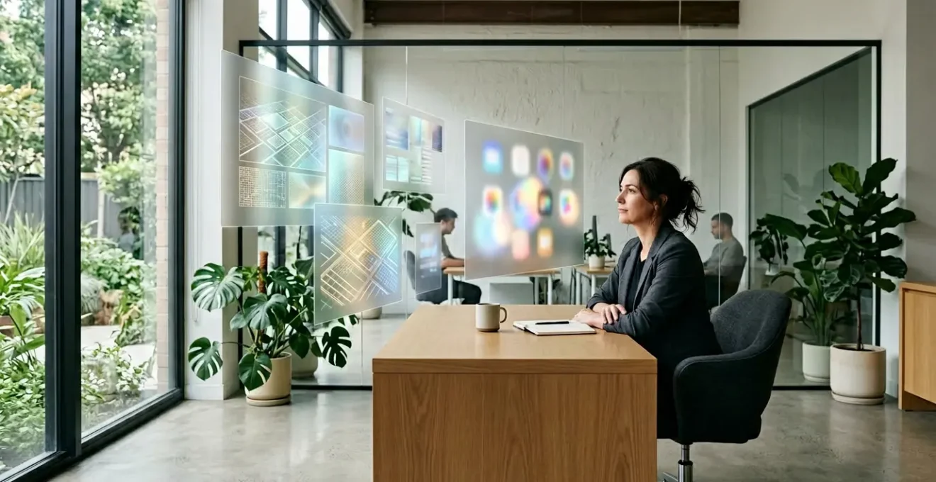 Dirigeant de PME analysant des écrans multiples affichant différentes interfaces digitales dans un bureau moderne