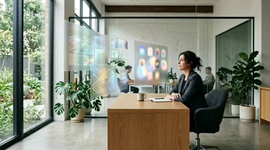 Dirigeant de PME analysant des écrans multiples affichant différentes interfaces digitales dans un bureau moderne