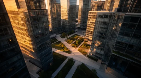 Vue aérienne d'une entreprise moderne avec plusieurs canaux de distribution et de communication représentés de manière symbolique