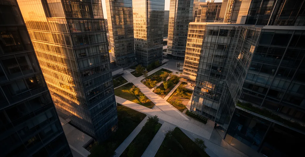 Vue aérienne d'une entreprise moderne avec plusieurs canaux de distribution et de communication représentés de manière symbolique