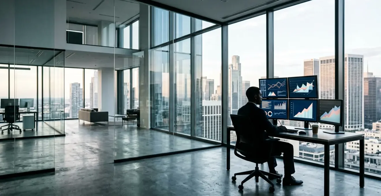 Expert SEO analysant un écran d'ordinateur montrant des graphiques de performance dans un bureau moderne