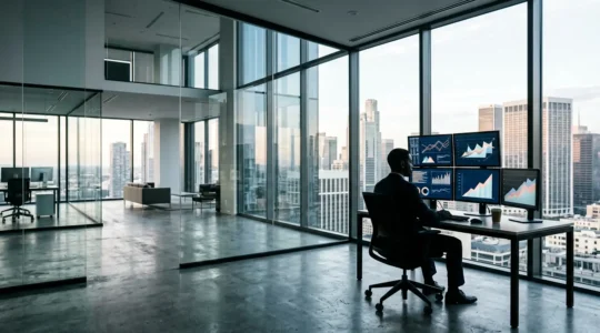 Expert SEO analysant un écran d'ordinateur montrant des graphiques de performance dans un bureau moderne