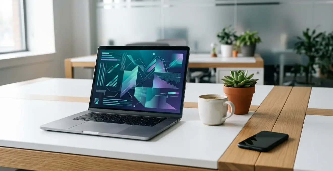 Bureau moderne avec ordinateur affichant des métriques SEO et une carte de navigation Google