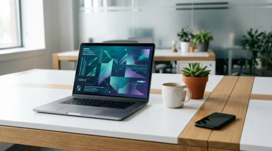 Bureau moderne avec ordinateur affichant des métriques SEO et une carte de navigation Google