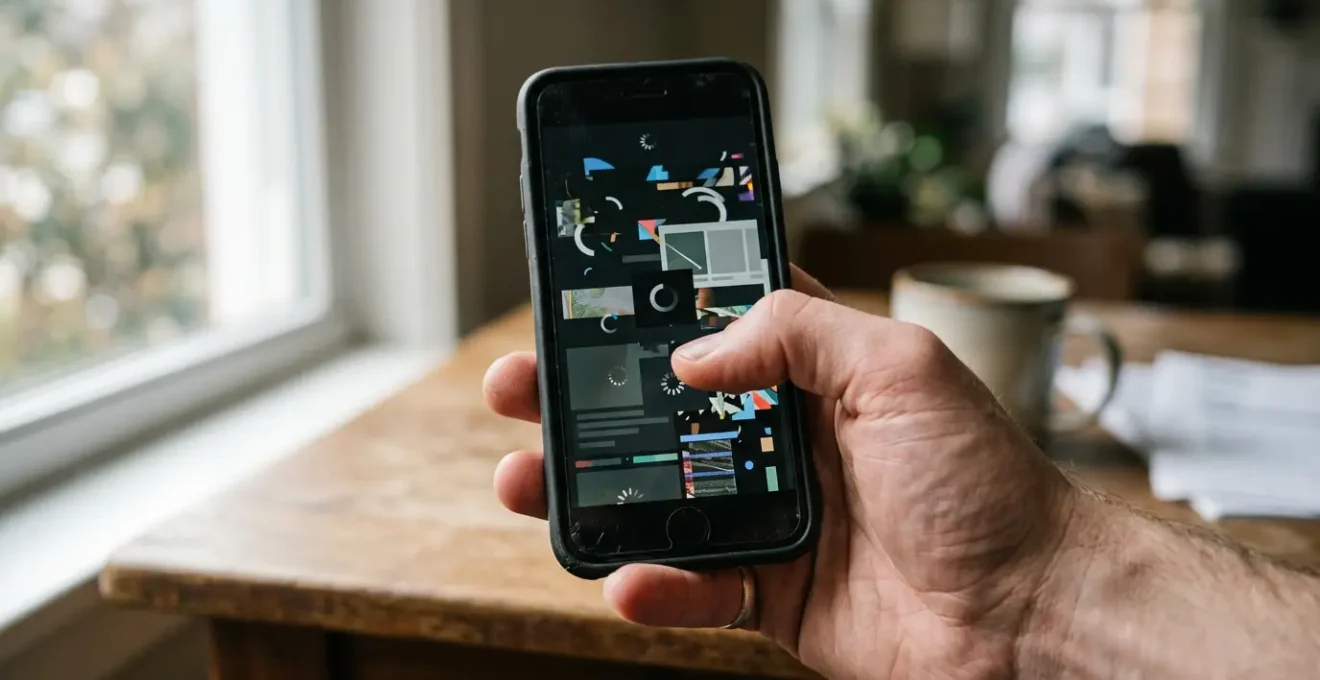 Main tenant un smartphone d'entrée de gamme montrant des problèmes d'affichage et de performance sur un site web