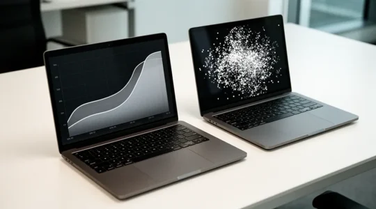 Bureau moderne minimaliste avec deux écrans montrant des graphiques de performance, carnet de stratégie ouvert et plante verte