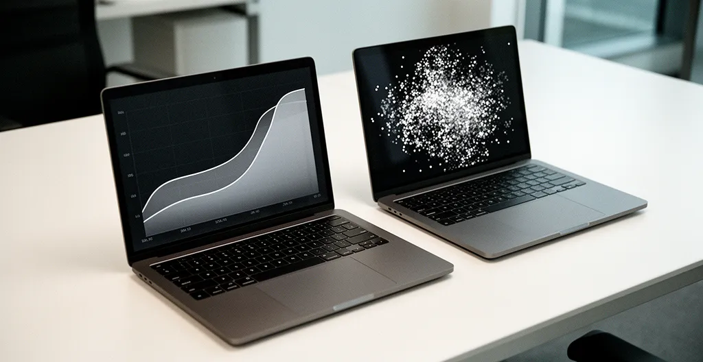 Bureau moderne minimaliste avec deux écrans montrant des graphiques de performance, carnet de stratégie ouvert et plante verte