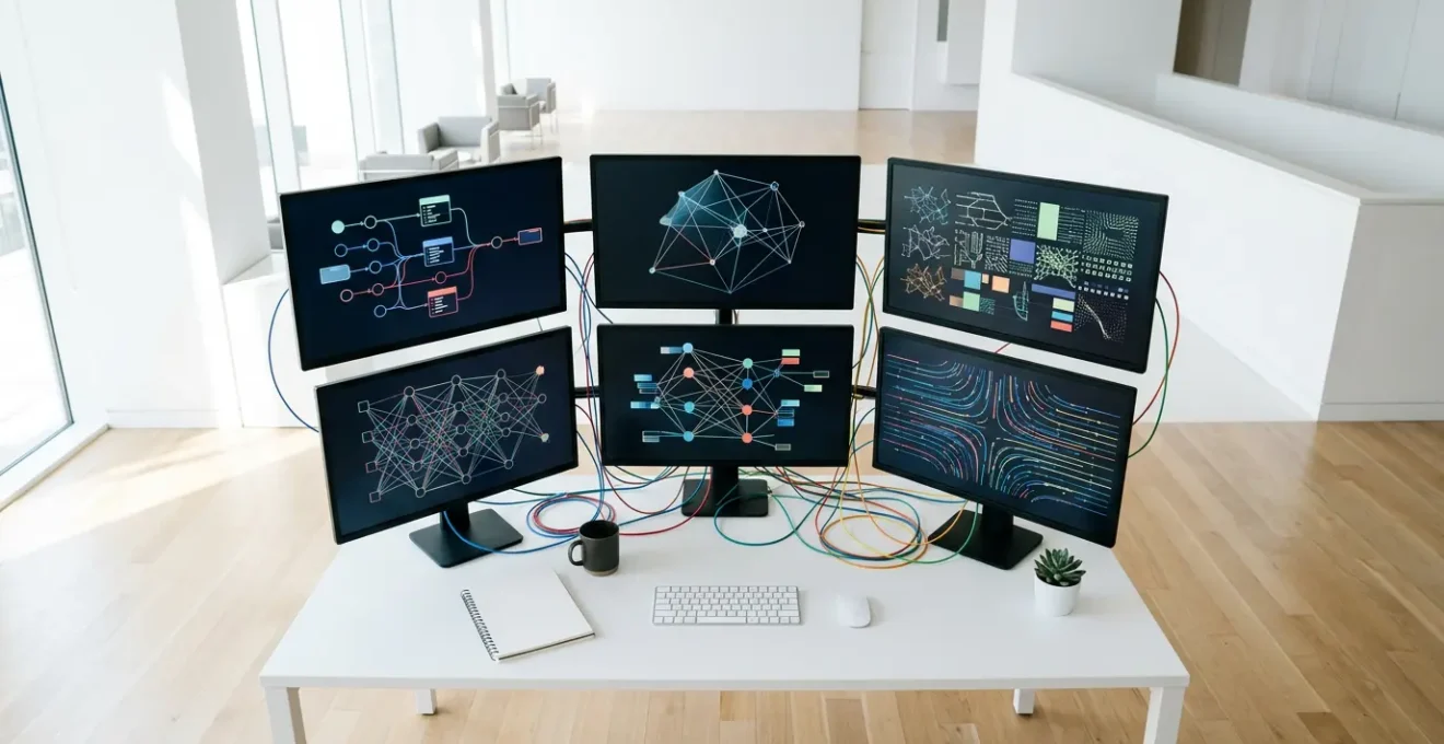 Vue d'ensemble d'un réseau de connexions entre articles de blog et pages produits d'un site e-commerce