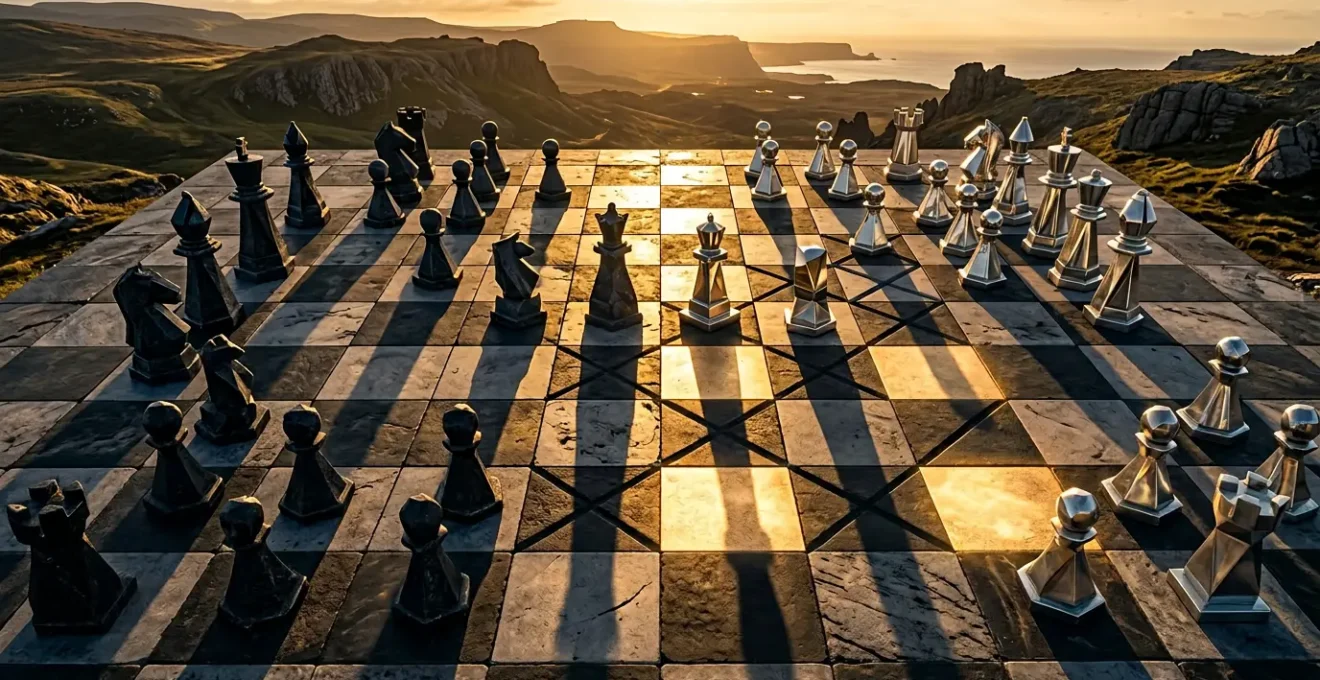 Vue aérienne d'un échiquier géant avec des pièces d'échecs où certaines zones restent dans l'ombre, symbolisant les angles morts stratégiques en SEO concurrentiel