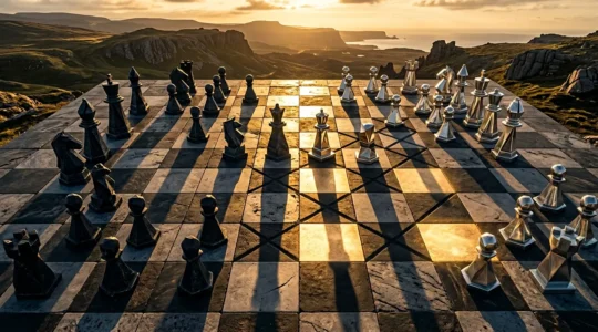 Vue aérienne d'un échiquier géant avec des pièces d'échecs où certaines zones restent dans l'ombre, symbolisant les angles morts stratégiques en SEO concurrentiel