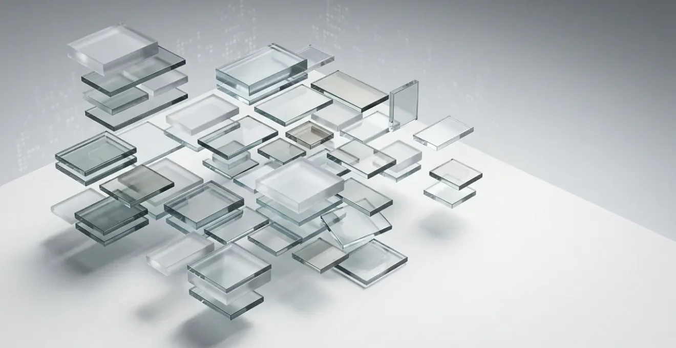 Vue isométrique d'une structure de document numérique avec des niveaux hiérarchiques désorganisés représentés par des blocs translucides flottants à différentes hauteurs