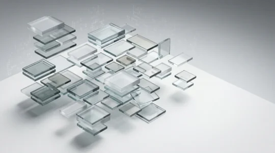 Vue isométrique d'une structure de document numérique avec des niveaux hiérarchiques désorganisés représentés par des blocs translucides flottants à différentes hauteurs