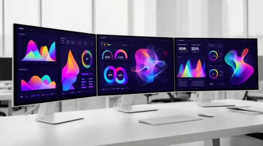 Dashboard analytique moderne affichant des graphiques colorés et des métriques clés de performance marketing