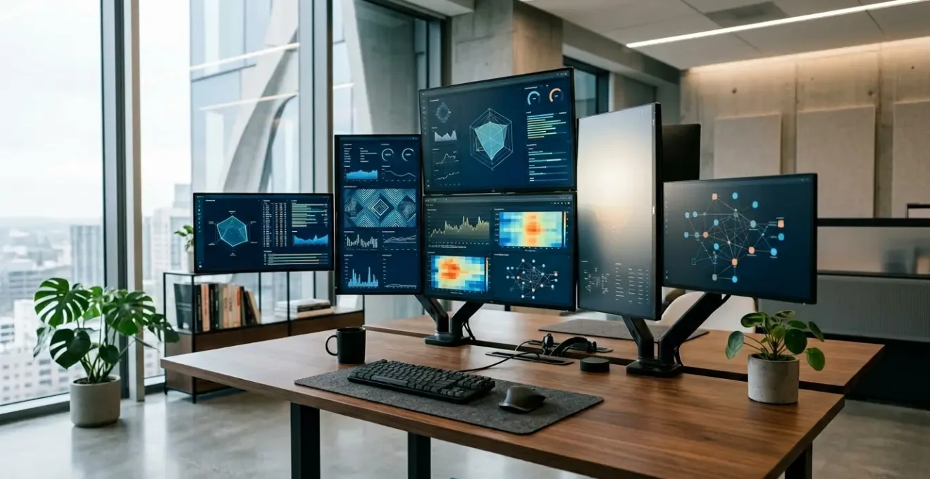 Analyse des performances web avec métriques Core Web Vitals affichées sur plusieurs écrans d'ordinateur dans un environnement technologique moderne