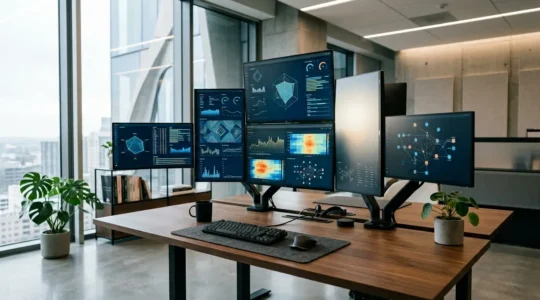 Analyse des performances web avec métriques Core Web Vitals affichées sur plusieurs écrans d'ordinateur dans un environnement technologique moderne