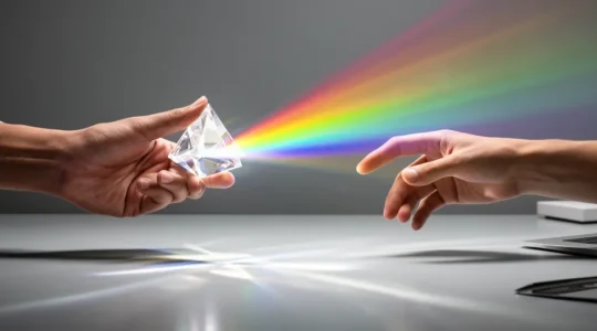 Deux mains interagissent avec une interface digitale lumineuse, symbolisant l'engagement actif d'un utilisateur